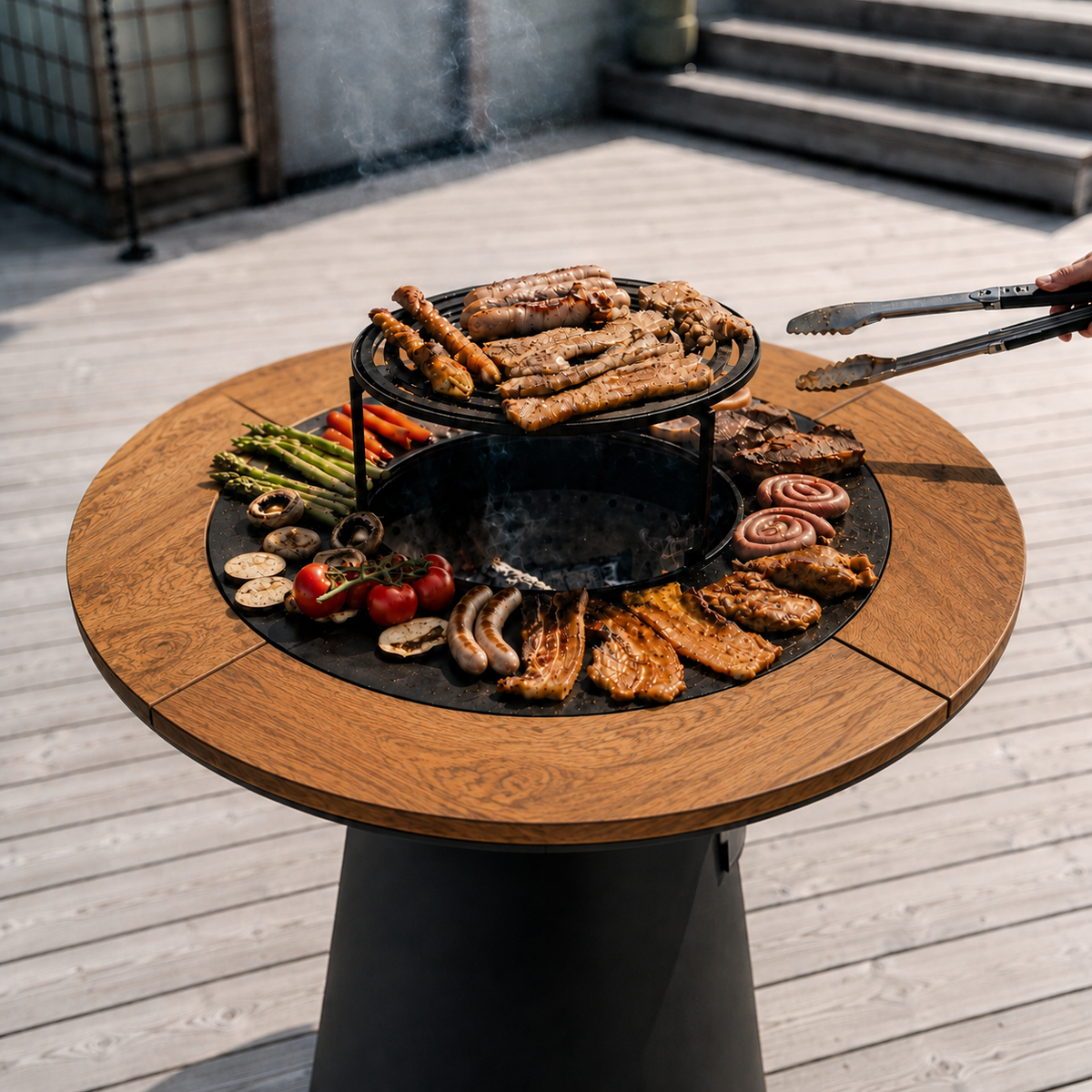 Set: eldfatsgrill Aska + grilltillbehör + hjul + träram i 4 delar