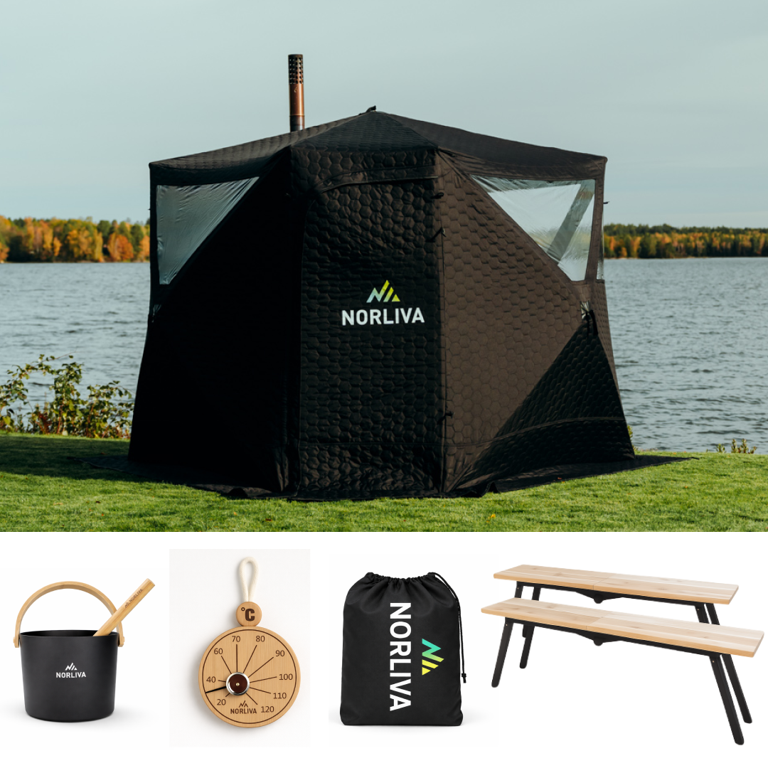 Paket: bastutält Dalen 3.0 + kamin + bastutillbehör + regnskydd + bänkar