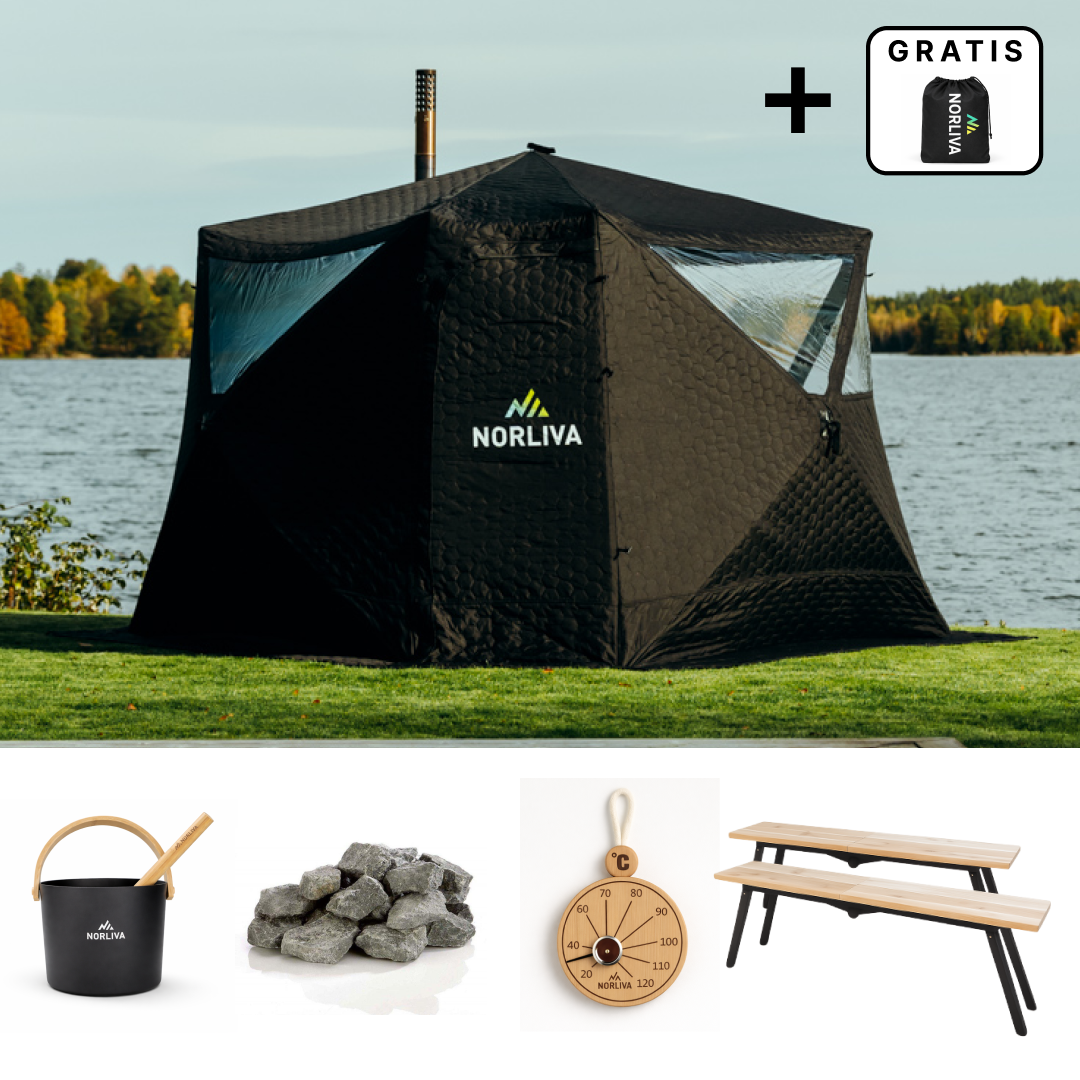 Set: bastutält Fjorden + kamin + bastutillbehör + regnskydd + bänkar