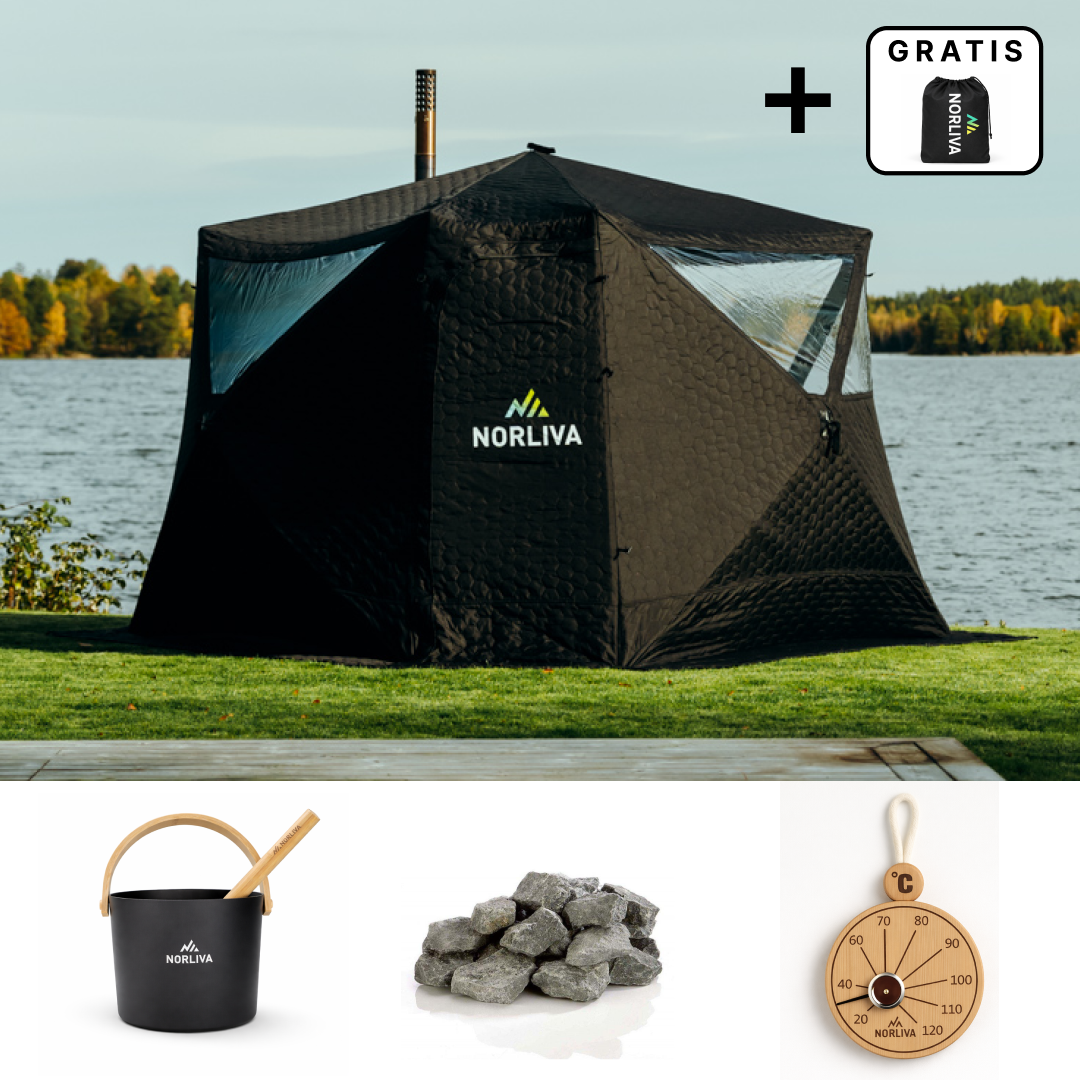 Set: bastutält Fjorden + kamin + bastutillbehör