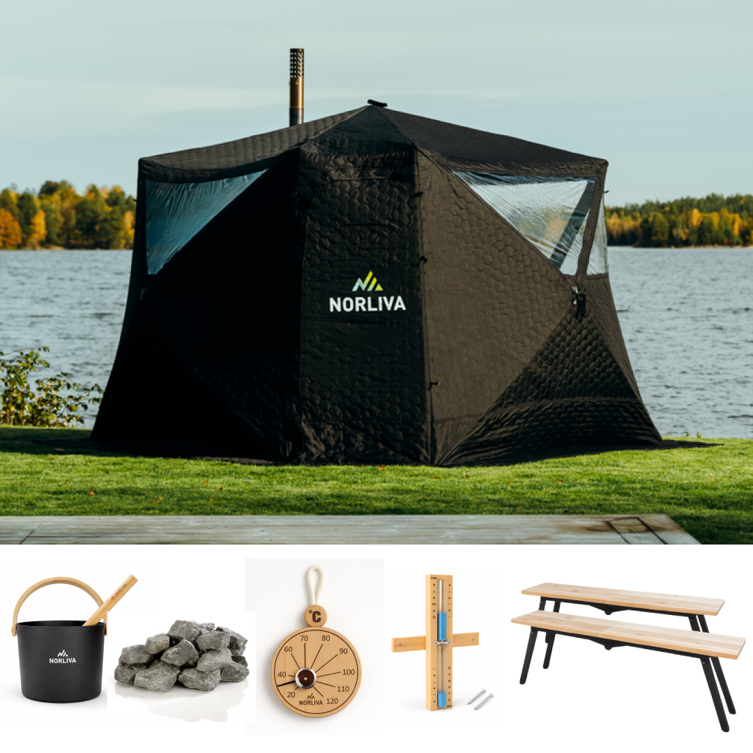Set: bastutält Fjorden + ugn + bastutillbehör + bänkar