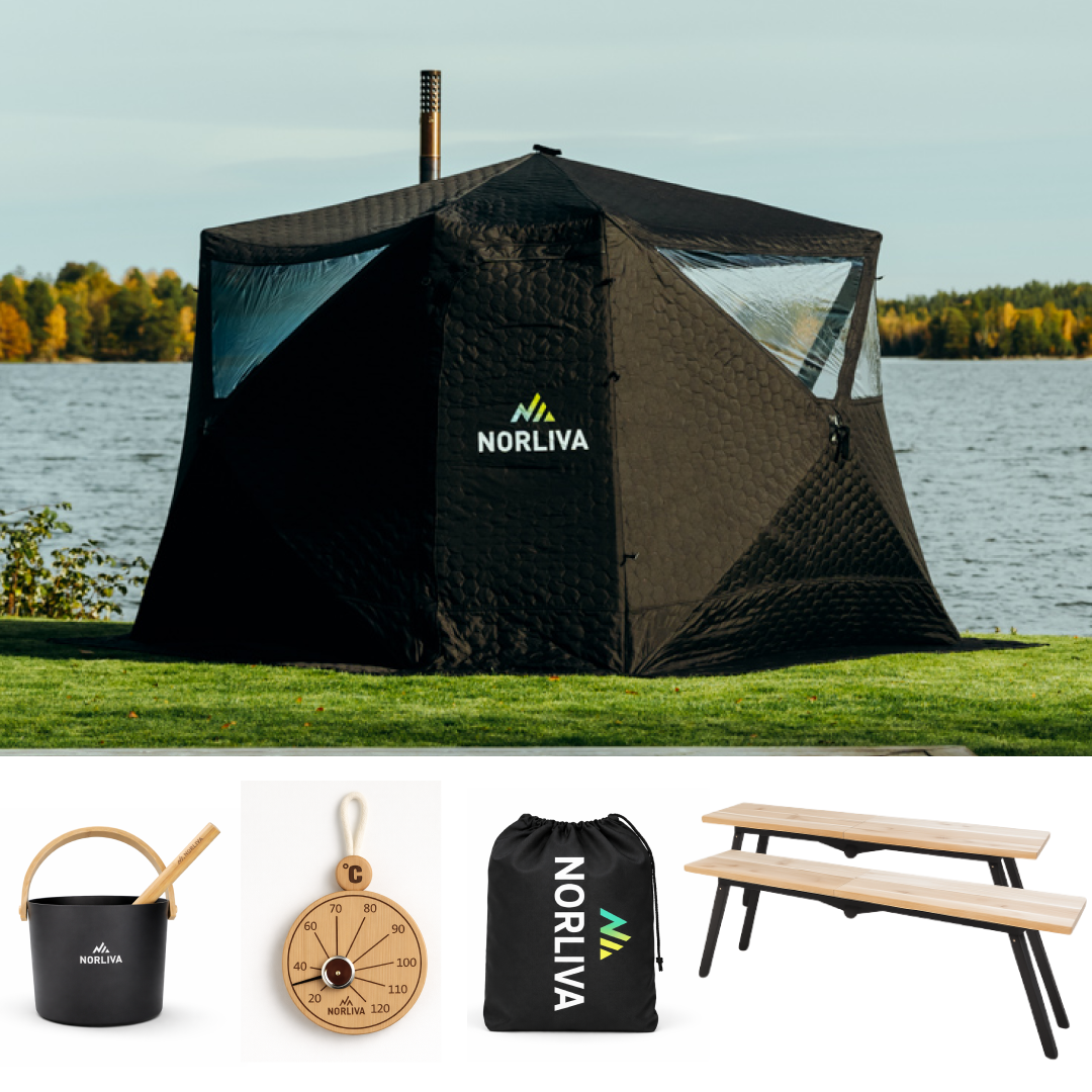 Set: bastutält Fjorden + kamin + bastutillbehör + regnskydd + bänkar