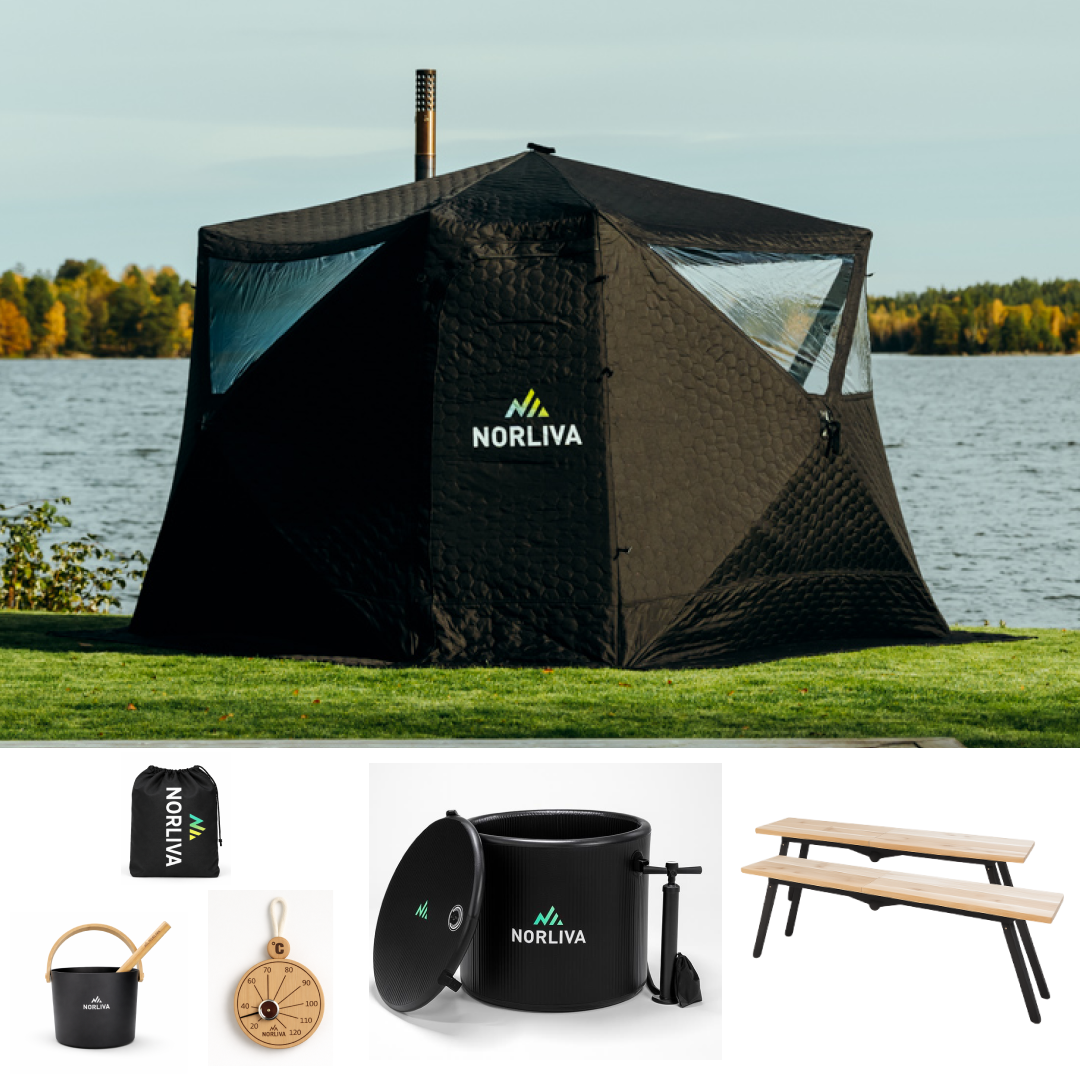 Set: bastutält Fjorden + kamin + bastutillbehör + regnskydd + bänkar + isbadstunna