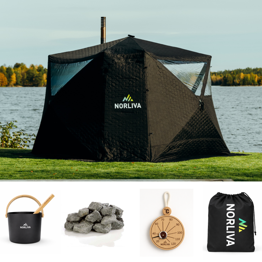 Set: Saunazelt Fjorden + Ofen + Sauna-Zubehör + Regenschutz