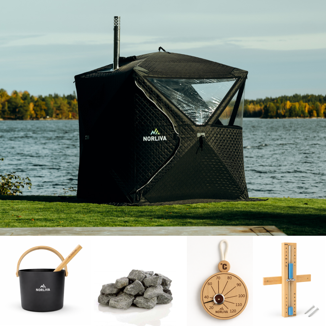 Set: bastutält Isen 3.0 + kamin + bastutillbehör