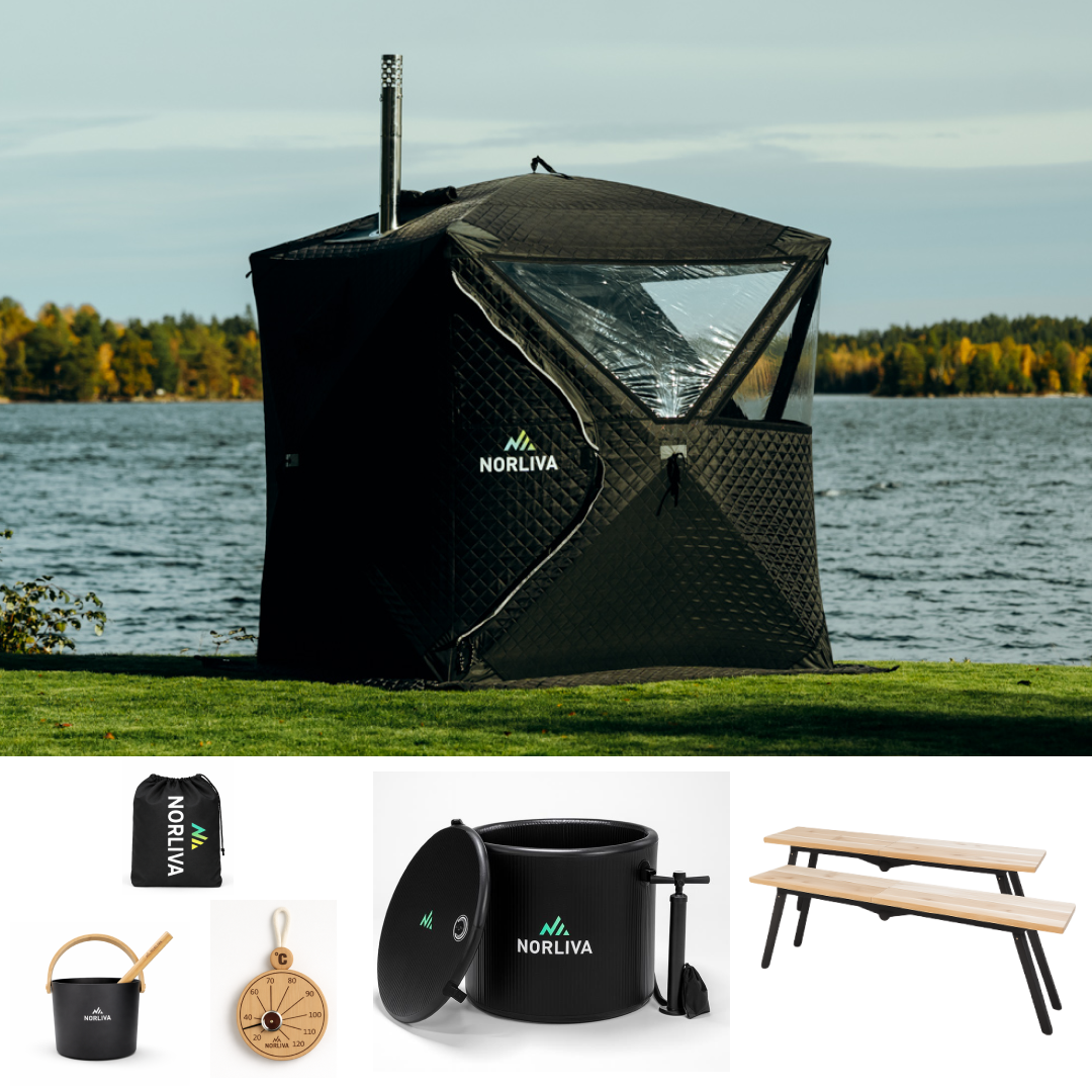 Set: Saunatält Isen 3.0 + kamin + bastutillbehör + regnskydd + bänkar + isbadstunna