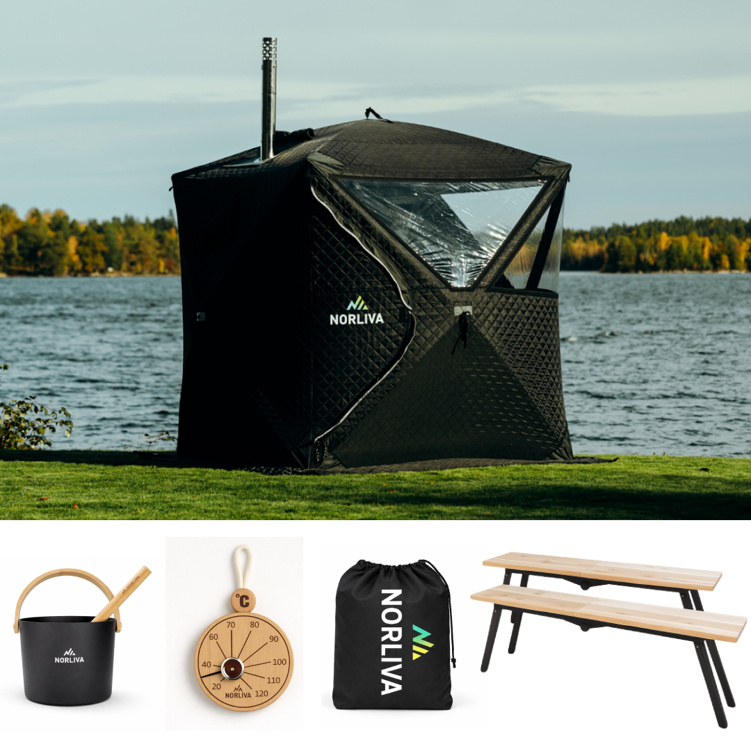 Set: Saunatält Isen 3.0 + kamin + bastutillbehör + regnskydd + bänkar