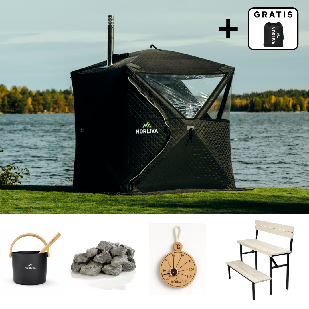 Set: bastutält Isen 3.0 + kamin + bastutillbehör + regnskydd + bänk i två nivåer