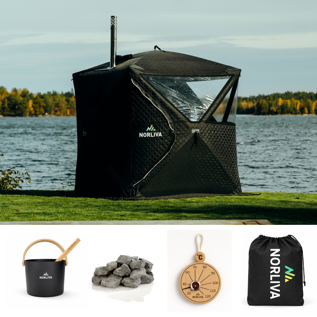 Set: bastutält Isen 3.0 + kamin + bastutillbehör + regnskydd