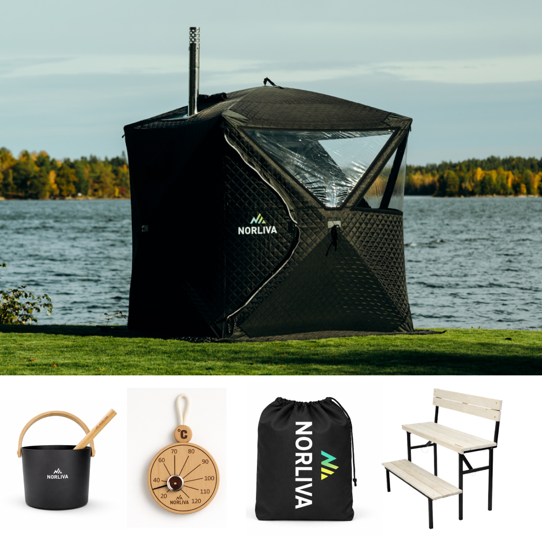 Set: bastutält Isen 3.0 + kamin + bastutillbehör + regnskydd + bänk i två nivåer