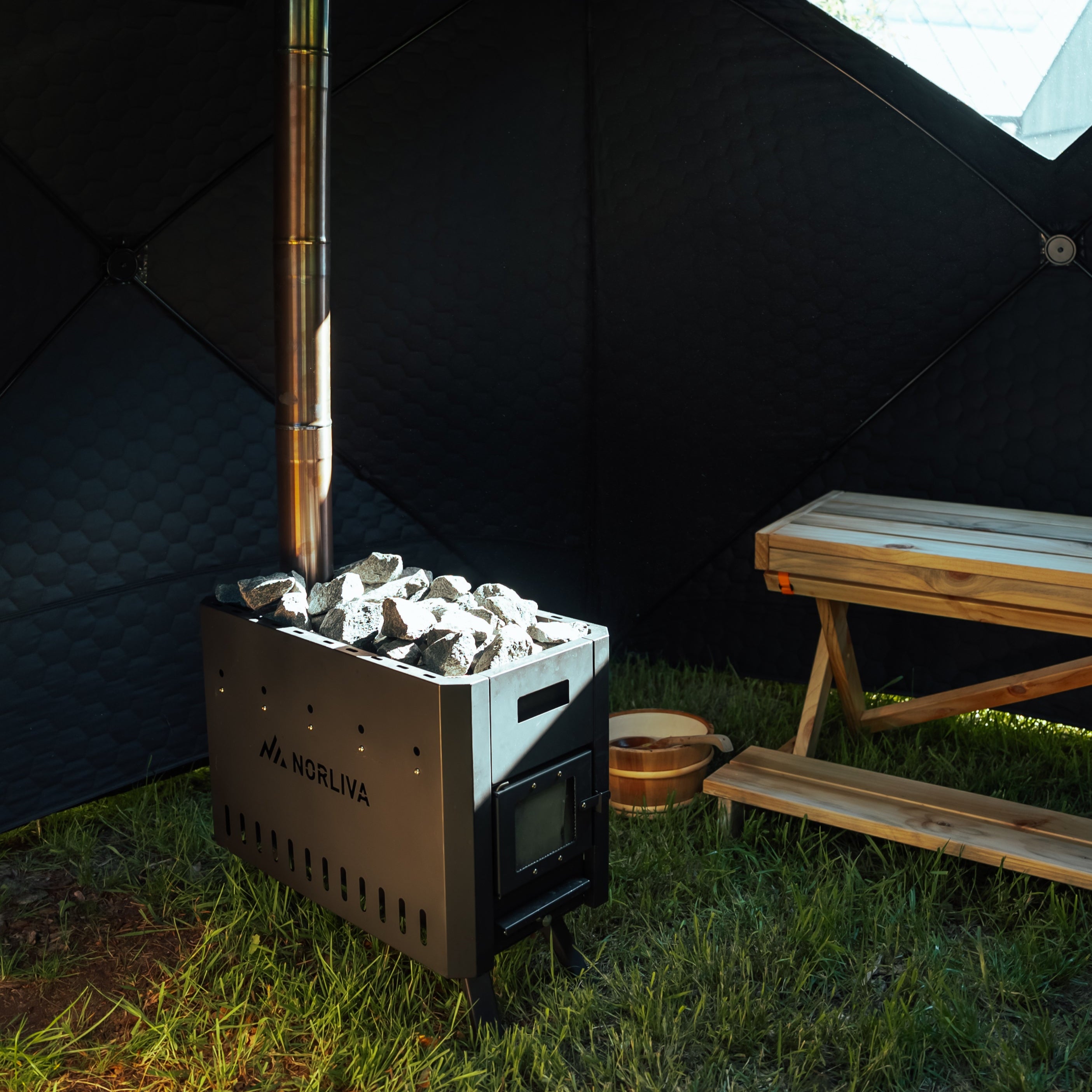 Set: Bastutält Fjorden + kamin + bastutillbehör