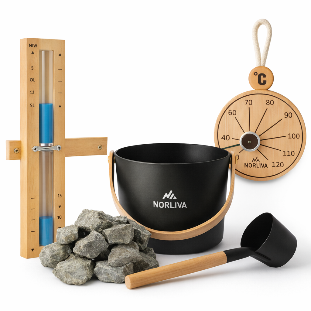 Bastutillbehör: bastusten, bastuhink + skopa, termometer, bastuklocka