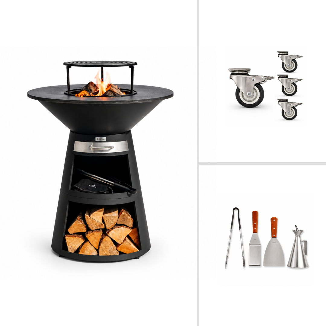 Set: eldfatsgrill Aska + grilltillbehör + hjul