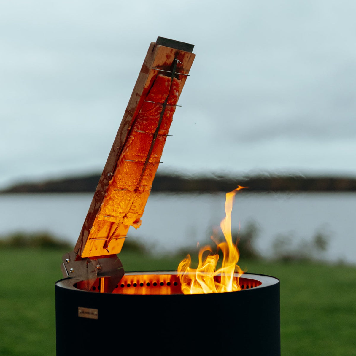 Grillbräda för flamberad lax till eldstad