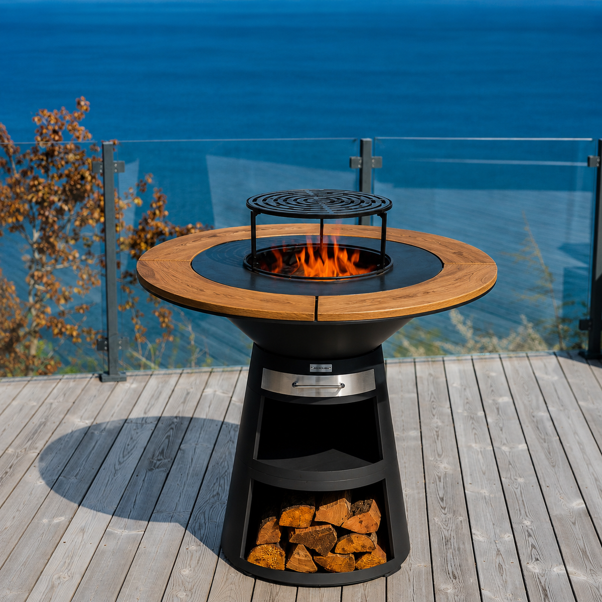 Set: eldfatsgrill Aska + grilltillbehör + hjul + träram i 4 delar