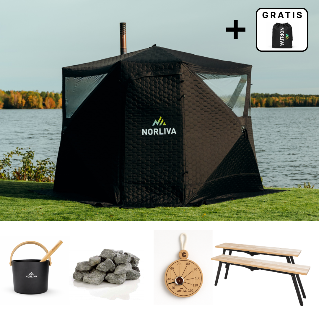 Paket: bastutält Dalen 3.0 + kamin + bastutillbehör + regnskydd + bänkar