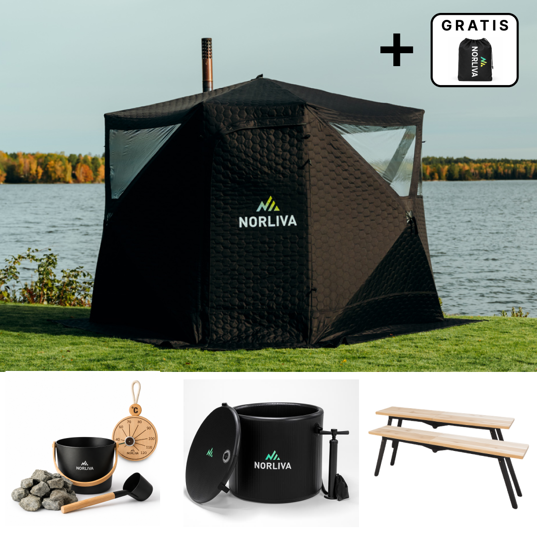 Set: Bastutält Dalen 3.0 + Kamin + bastutillbehör + regnskydd + bänkar + isbadstunna