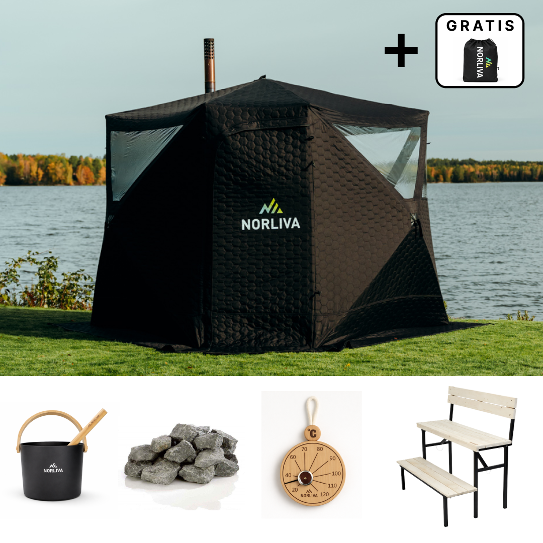 Set: Bastutält Dalen 3.0 + kamin + bastutillbehör + regnskydd + tvåstegs bänk