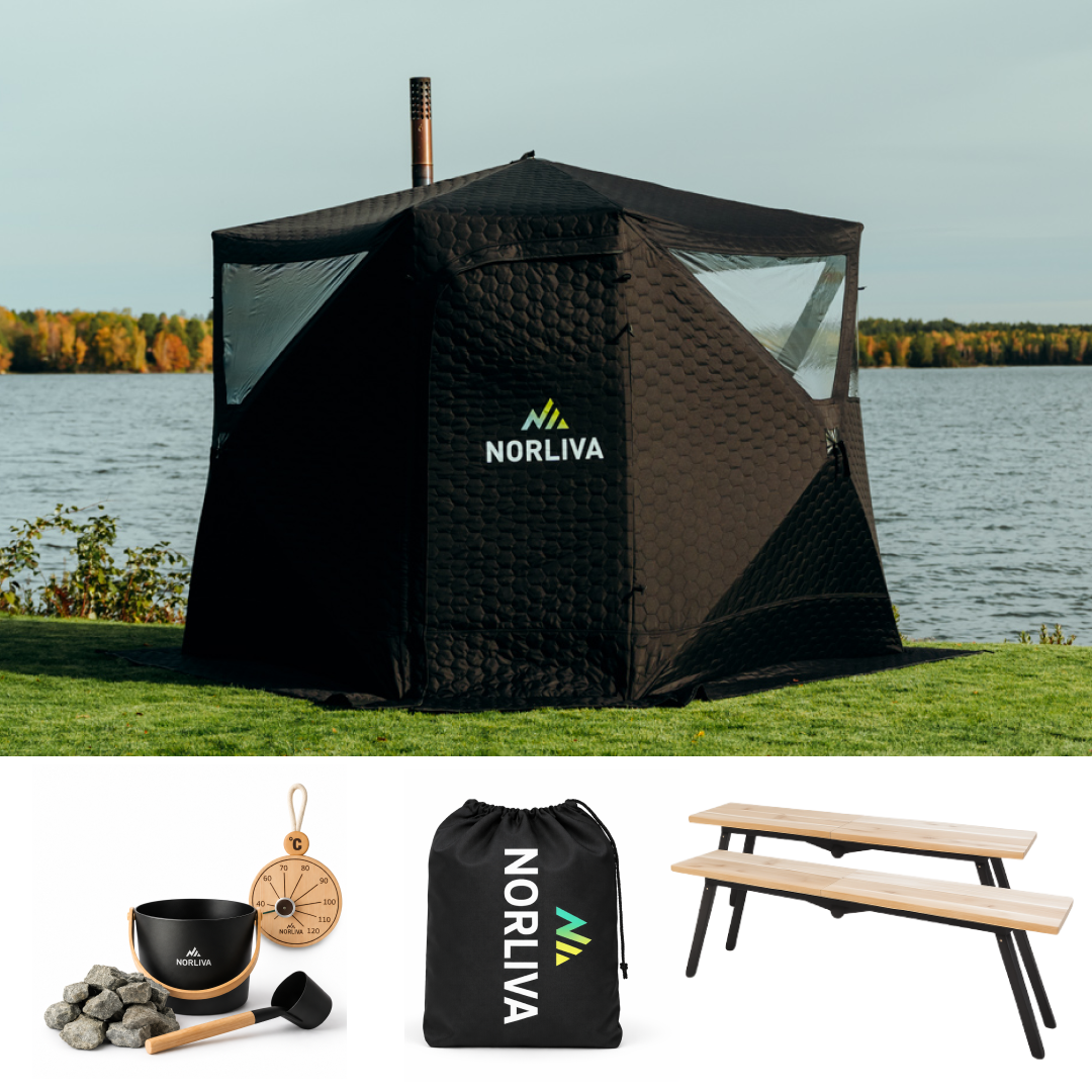 Paket: bastutält Dalen 3.0 + kamin + bastutillbehör + regnskydd + bänkar