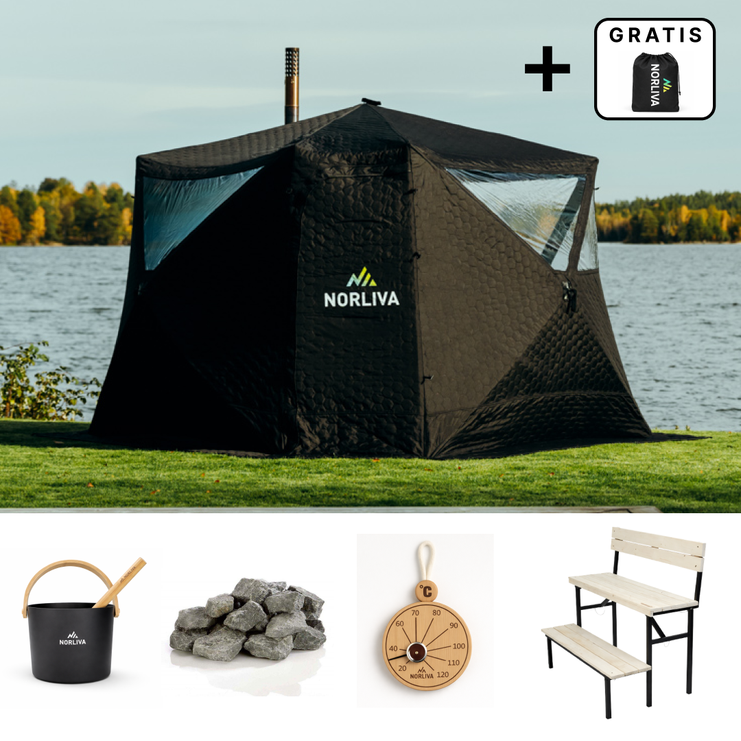 Set: bastutält Fjorden + ugn + bastutillbehör + tvådelad bänk