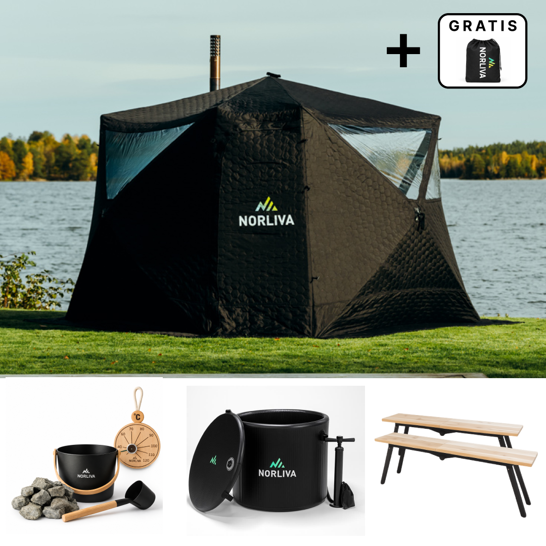 Set: bastutält Fjorden + kamin + bastutillbehör + regnskydd + bänkar + isbadstunna