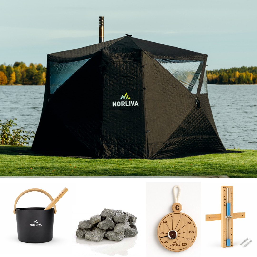 Set: Bastutält Fjorden + kamin + bastutillbehör