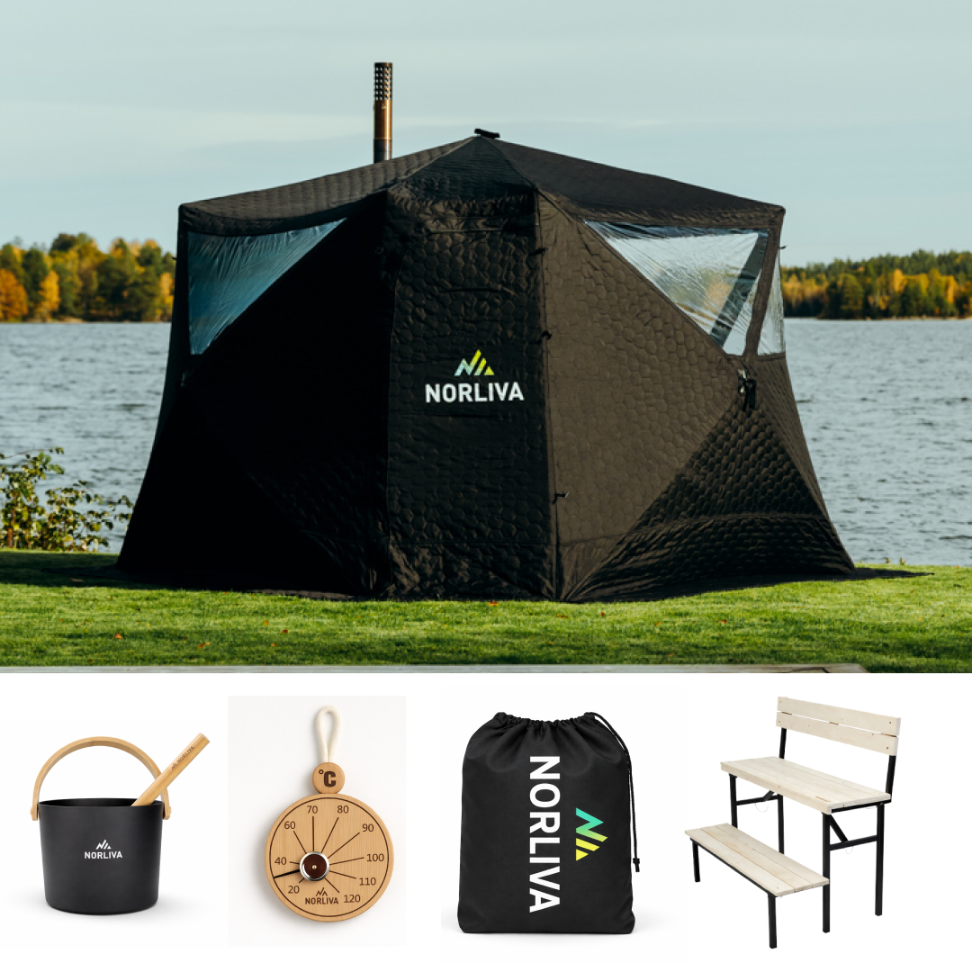 Set: bastutält Fjorden + ugn + bastutillbehör + tvådelad bänk