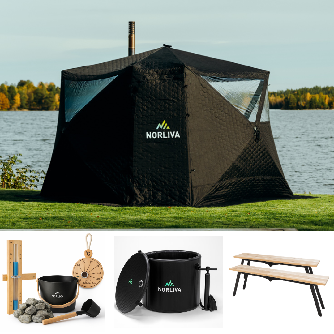 Set: bastutält Fjorden + ugn + bastutillbehör + bänkar + isbalja