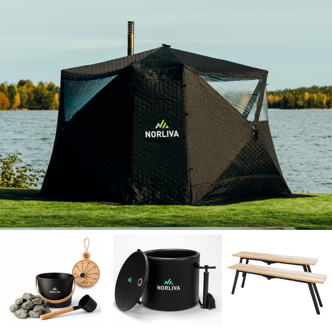Set: bastutält Fjorden + kamin + bastutillbehör + regnskydd + bänkar + isbadstunna