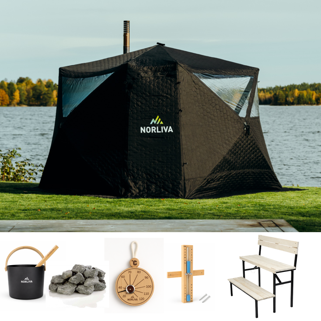 Set: bastutält Fjorden + aggregat + bastutillbehör + tvåstegssoffa