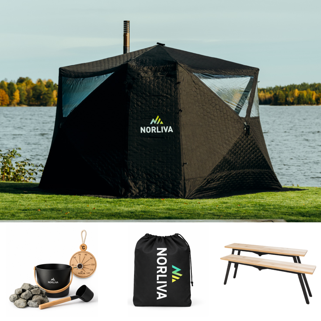 Set: bastutält Fjorden + kamin + bastutillbehör + regnskydd + bänkar