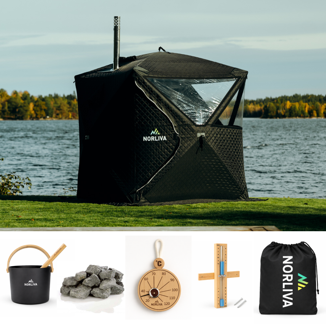 Set: bastutält Isen 3.0 + kamin + bastutillbehör + regnskydd