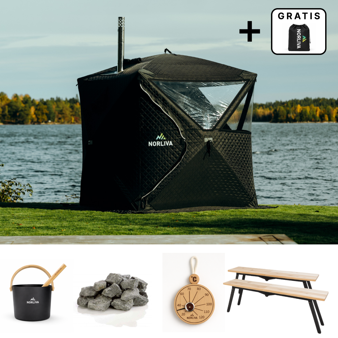 Set: Saunatält Isen 3.0 + kamin + bastutillbehör + regnskydd + bänkar