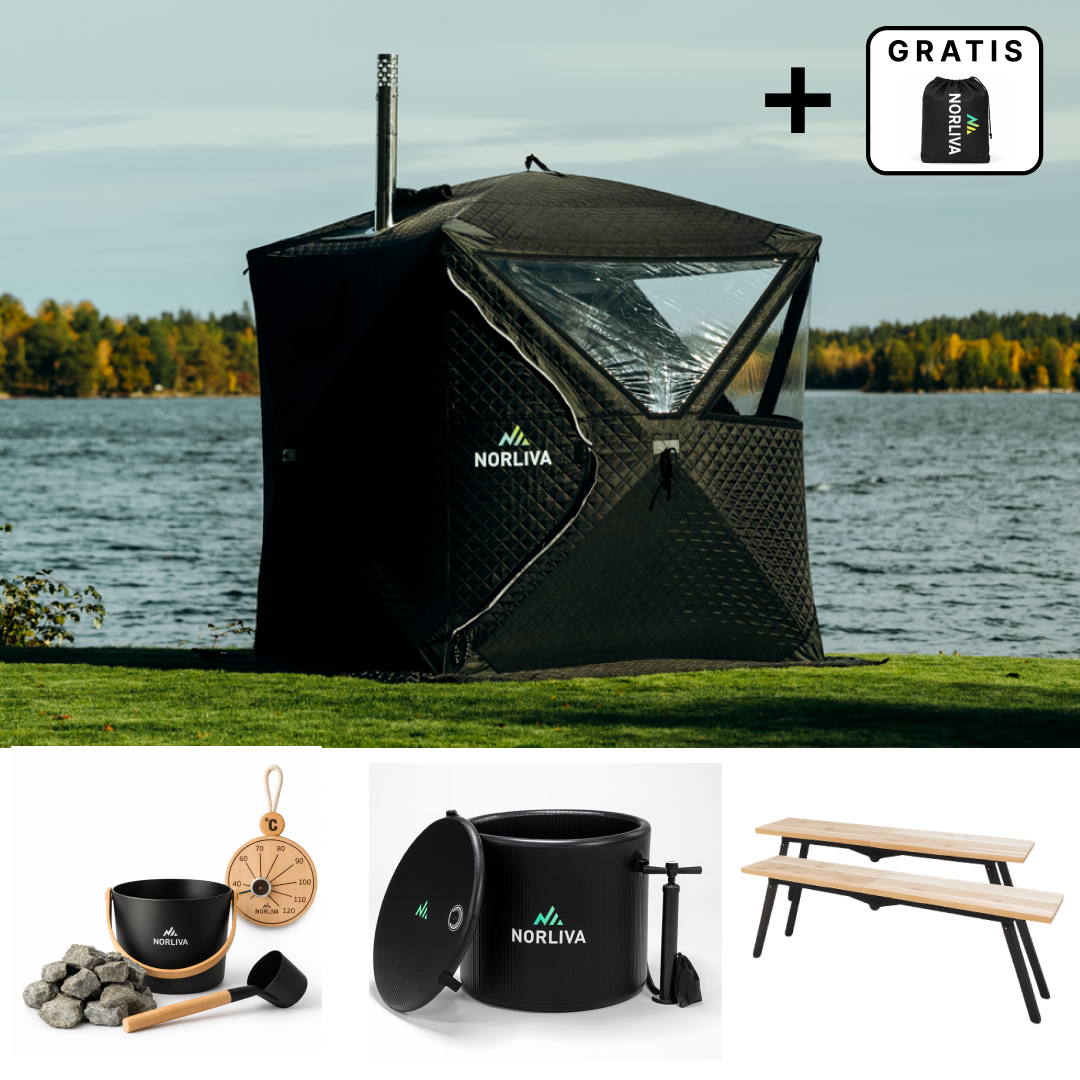 Set: Saunatält Isen 3.0 + kamin + bastutillbehör + regnskydd + bänkar + isbadstunna