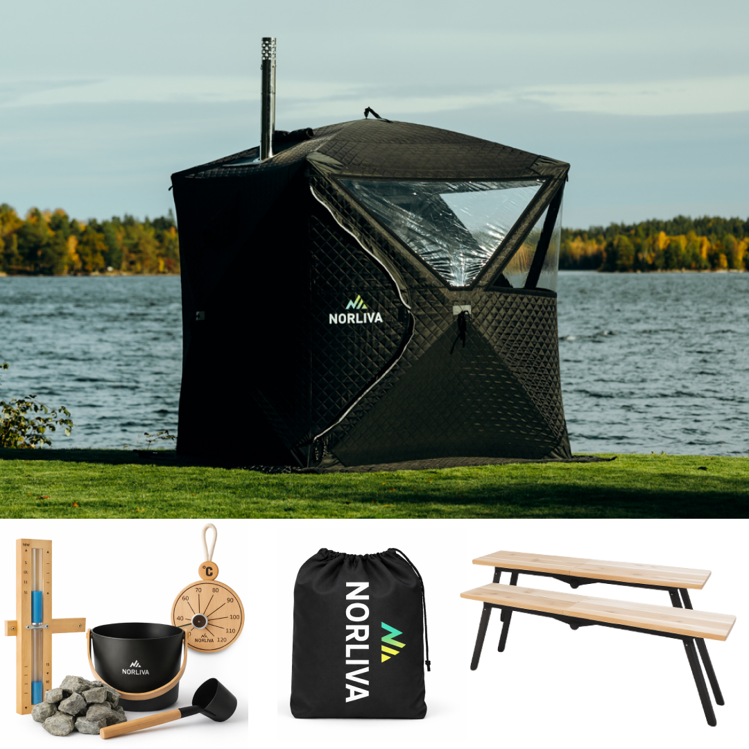 Set: bastutält Isen 3.0 + kamin + bastutillbehör + regnskydd + bänkar