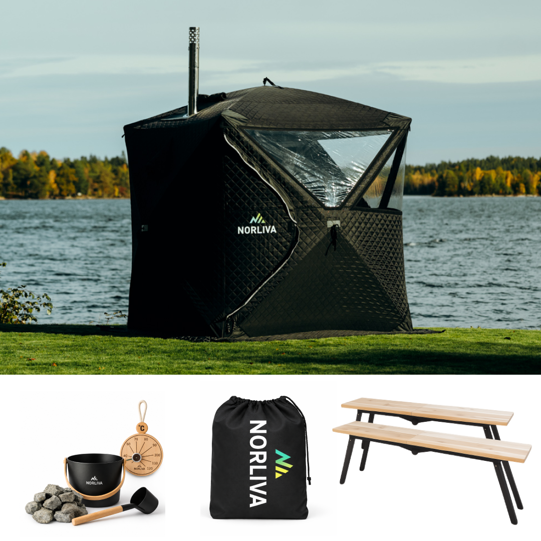 Set: Saunatält Isen 3.0 + kamin + bastutillbehör + regnskydd + bänkar