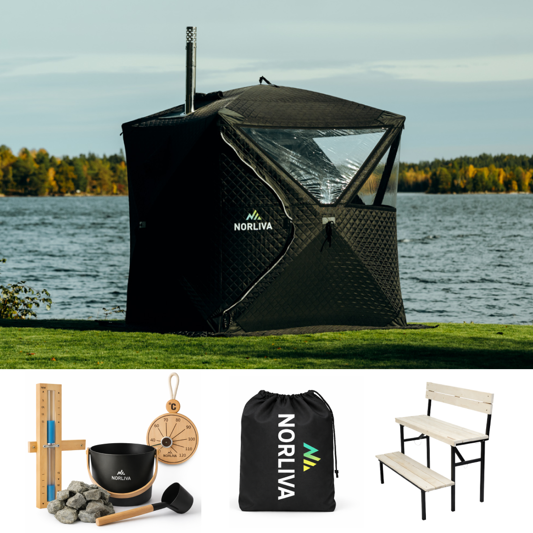 Set: bastutält Isen 3.0 + kamin + bastutillbehör + regnskydd + tvåstegsbänk