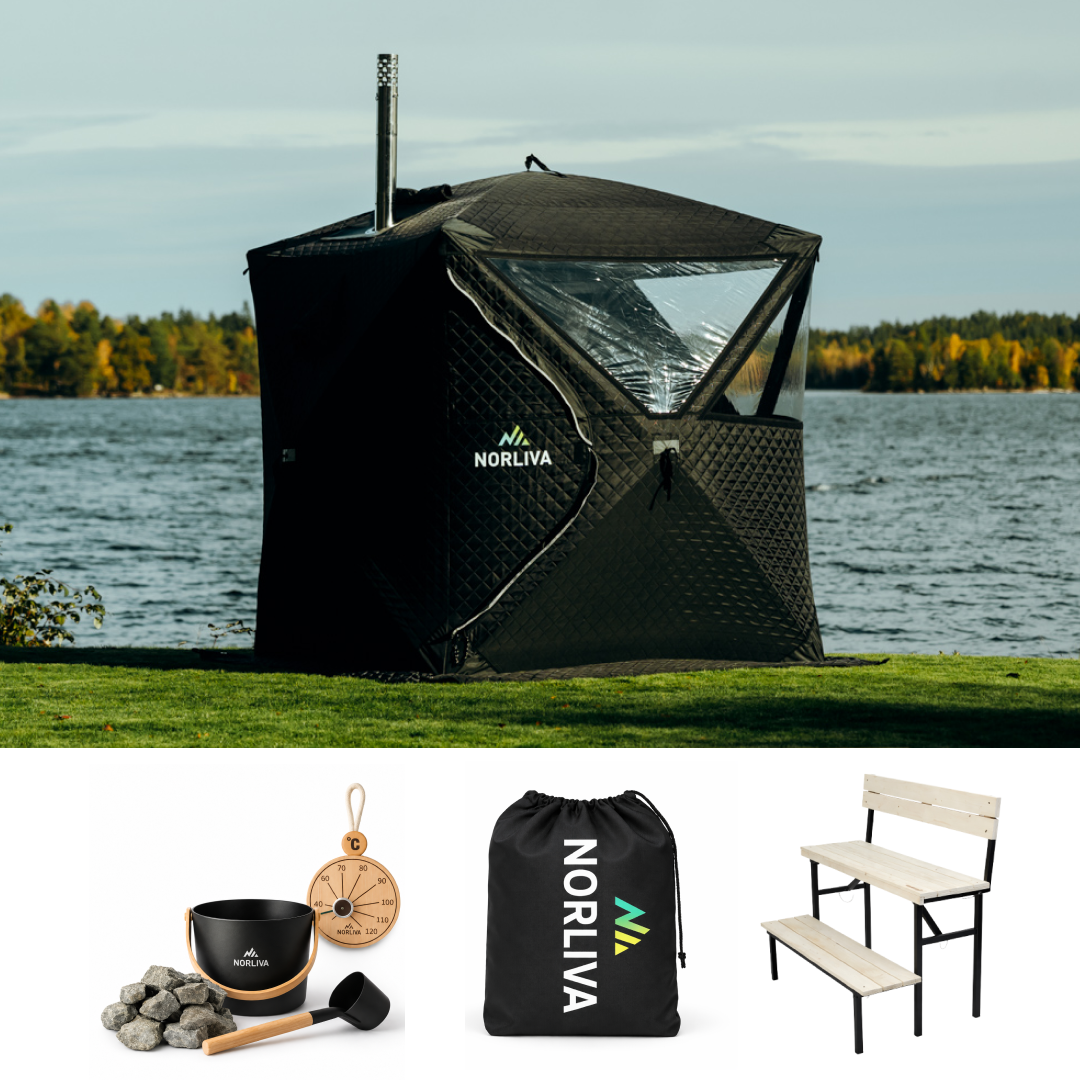 Set: bastutält Isen 3.0 + kamin + bastutillbehör + regnskydd + bänk i två nivåer