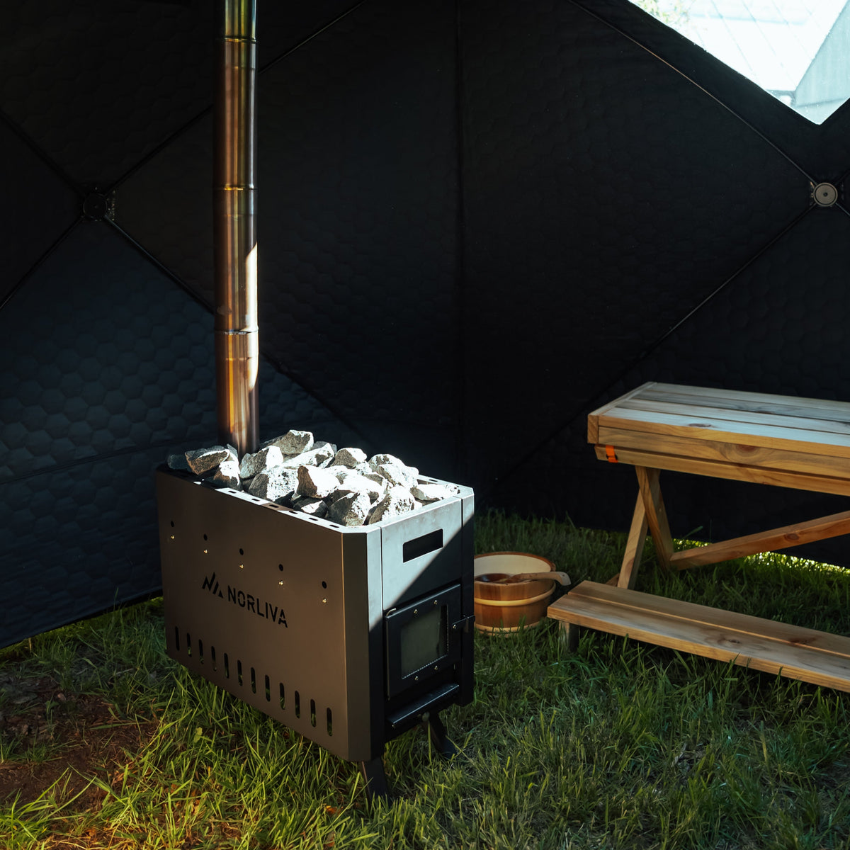 Set: Bastutält Fjorden + kamin + bastutillbehör