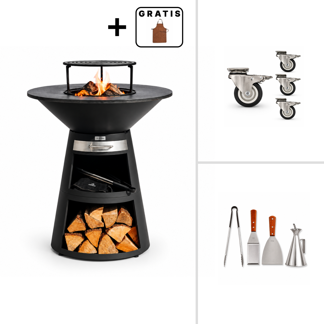 Set: eldfatsgrill Aska + grilltillbehör + hjul