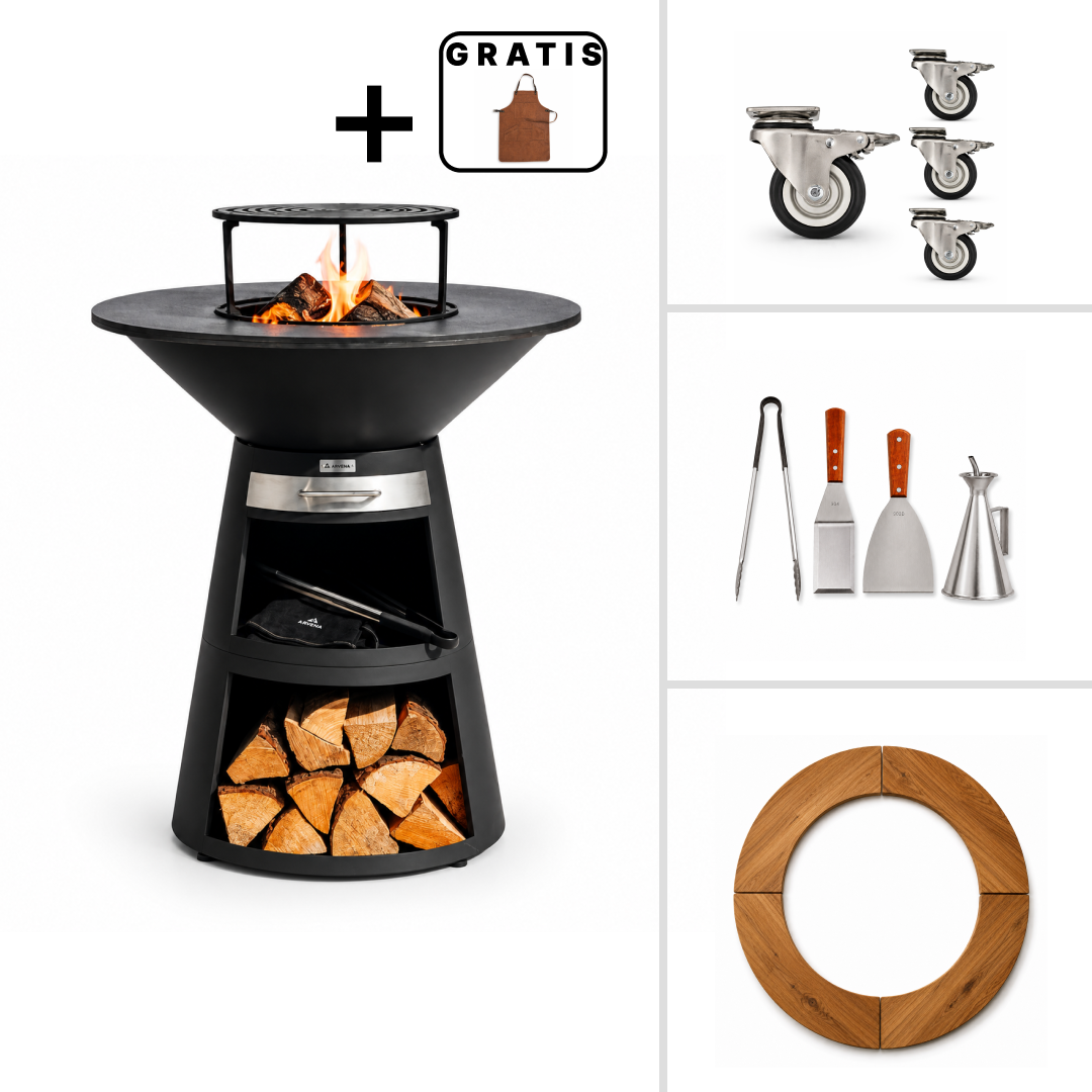 Set: eldfatsgrill Aska + grilltillbehör + hjul + träram i 4 delar