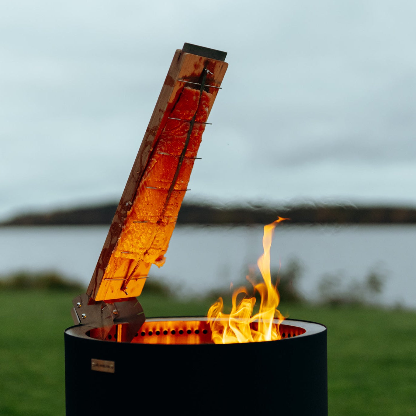 Grillbräda för flamberad lax till eldstad